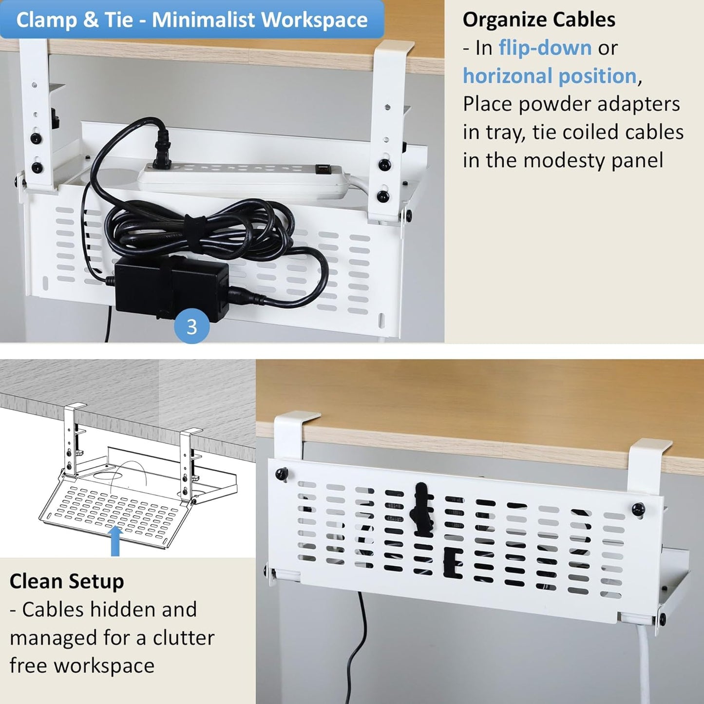 AEONS Under Desk Cable Management Tray Kit - Horizontal Adjustable up to 41” Removable C Clamp Mount Reversible Computer Cord Raceway and Modesty Panel for Large Table, Black