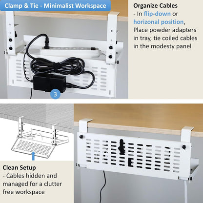 AEONS Under Desk Cable Management Tray Kit - Horizontal Adjustable up to 41” Removable C Clamp Mount Reversible Computer Cord Raceway and Modesty Panel for Large Table, Black