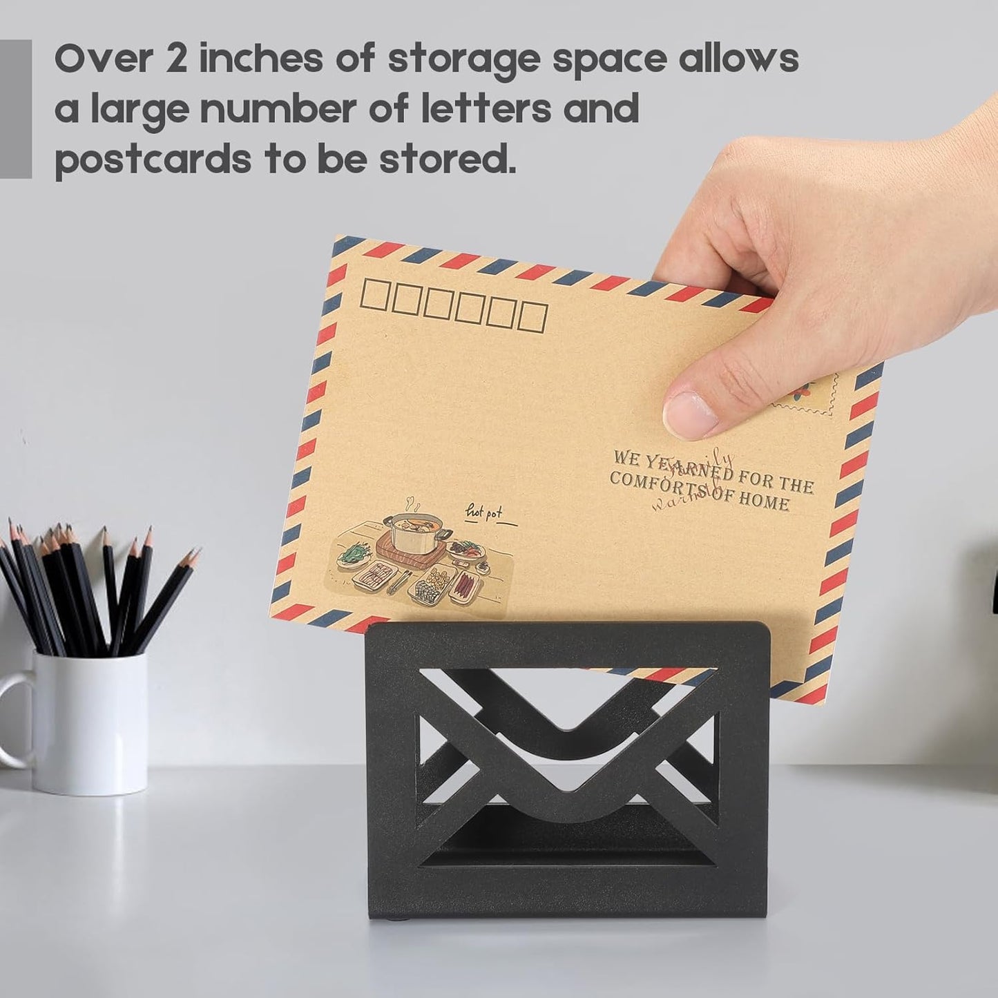 Desktop Metal Mail Holder,Modern Black Letter Organizer for Desk with Cutout Envelope Design,Home and Office Envelope and Document Storage Rack (Black)