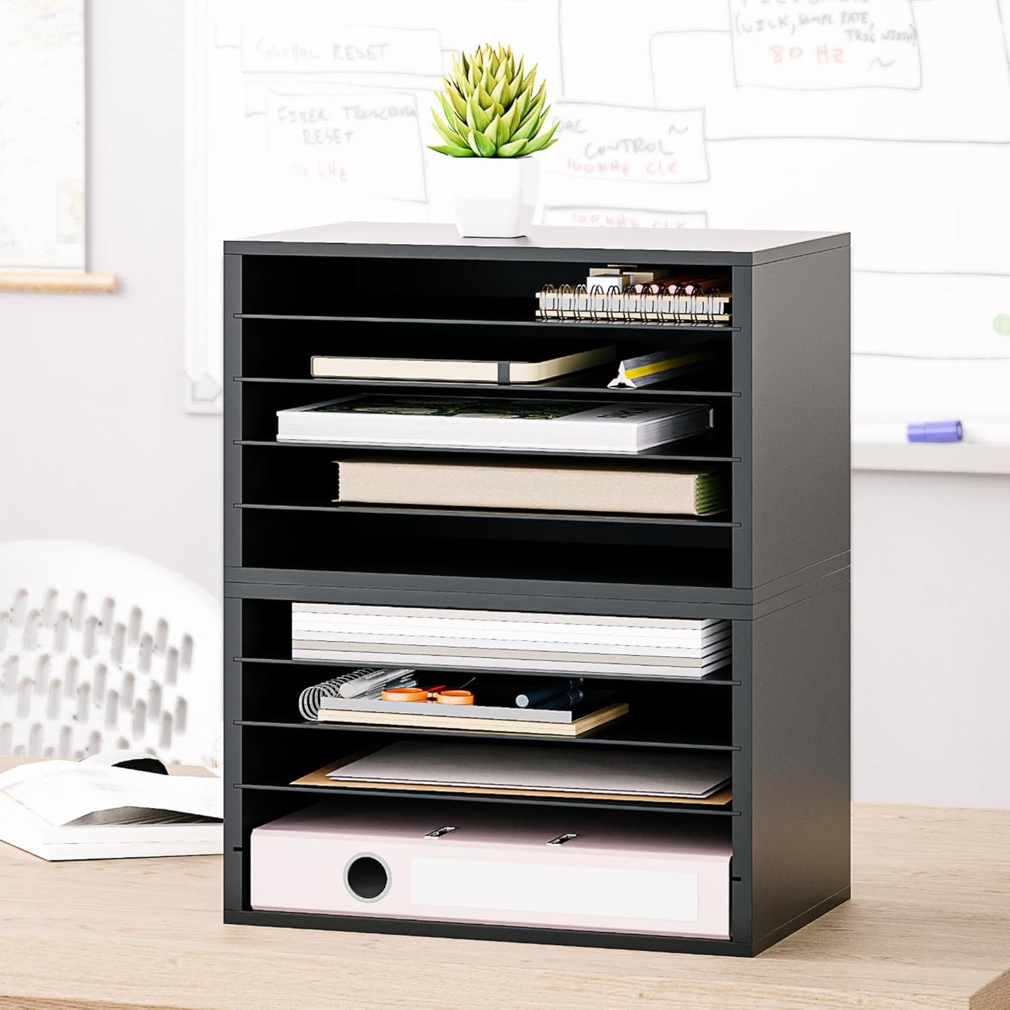 Ballucci 4-Tier Paper Organizer for Desk, Stackable Organizer Tray, Desk Storage Shelves, Stacking Letter Paper Tray Sorter for Classroom, Office, White