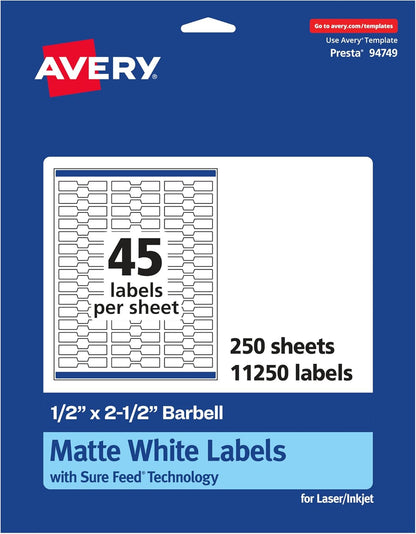 Avery Matte White Barbell Labels, Sure Feed Technology, 0.5" x 2.5", 1,125 White Labels, Permanent Adhesive, Laser/Inkjet Printable