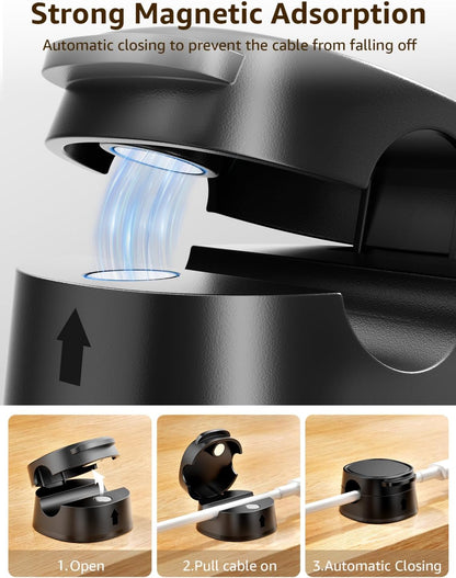 12 Pack Magnetic Cable Clips – [One-Snap Lock] Phone Cord Holder for Desk, Adhesive Magnetic Cord Organiser for Nightstand, Wall, Car – Under Desk Cable Management for Office, Home