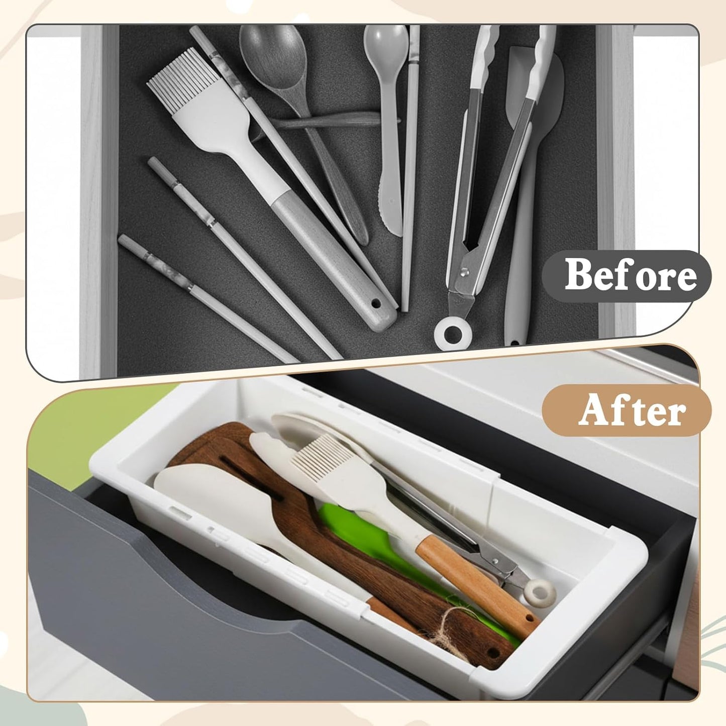 2Pcs Expandable Sliding Drawer Tray with Adjustable Dividers, White Plastic Deep Desk Drawer Dividers Organizers Expandable 11.4 to 18.1 Inches For Utensils Office Bathroom Bedroom Kitchen