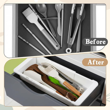 2Pcs Expandable Sliding Drawer Tray with Adjustable Dividers, White Plastic Deep Desk Drawer Dividers Organizers Expandable 11.4 to 18.1 Inches For Utensils Office Bathroom Bedroom Kitchen