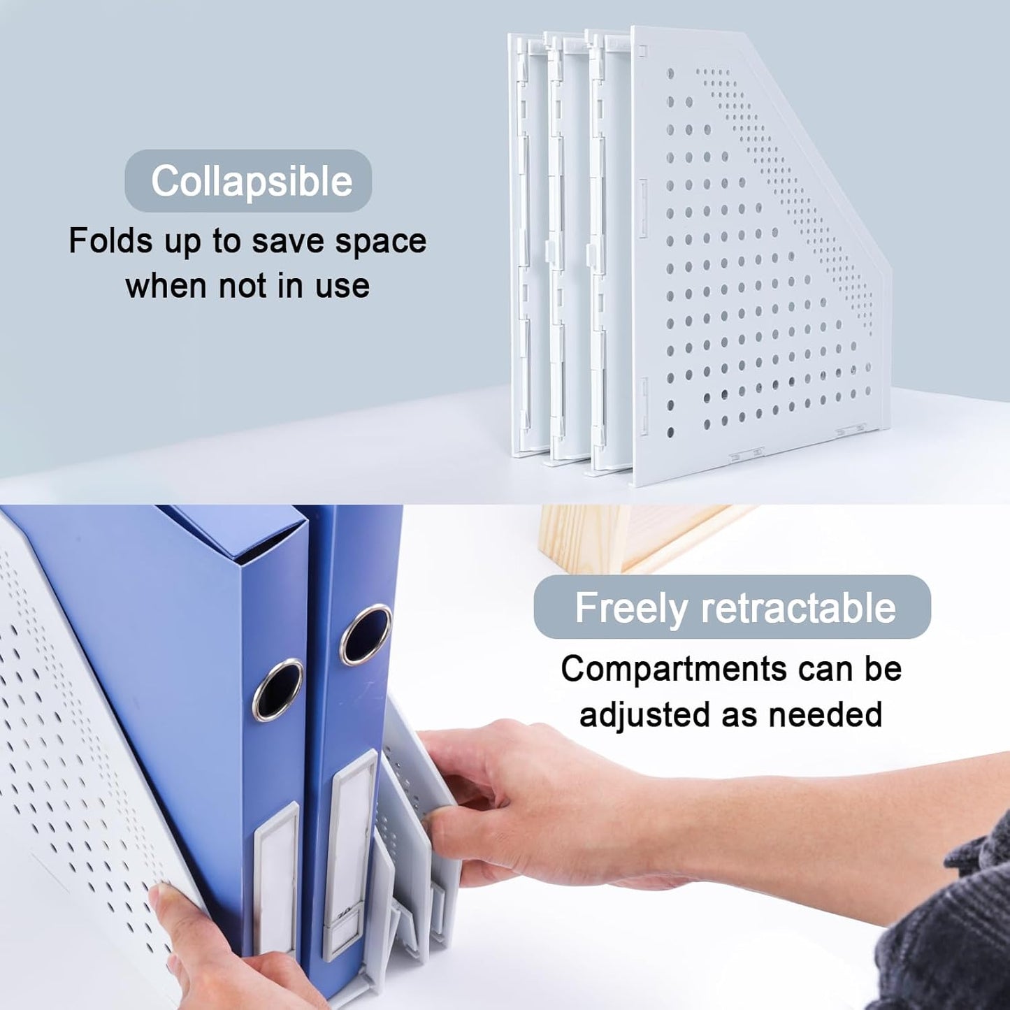 FRETONBA Collapsible Magazine File Holder with 2 Vertical Compartments Foldable Binder Holder for Desk Binder Storage Organizer Plastic Magazine Holders for Shelf, Dark Gray
