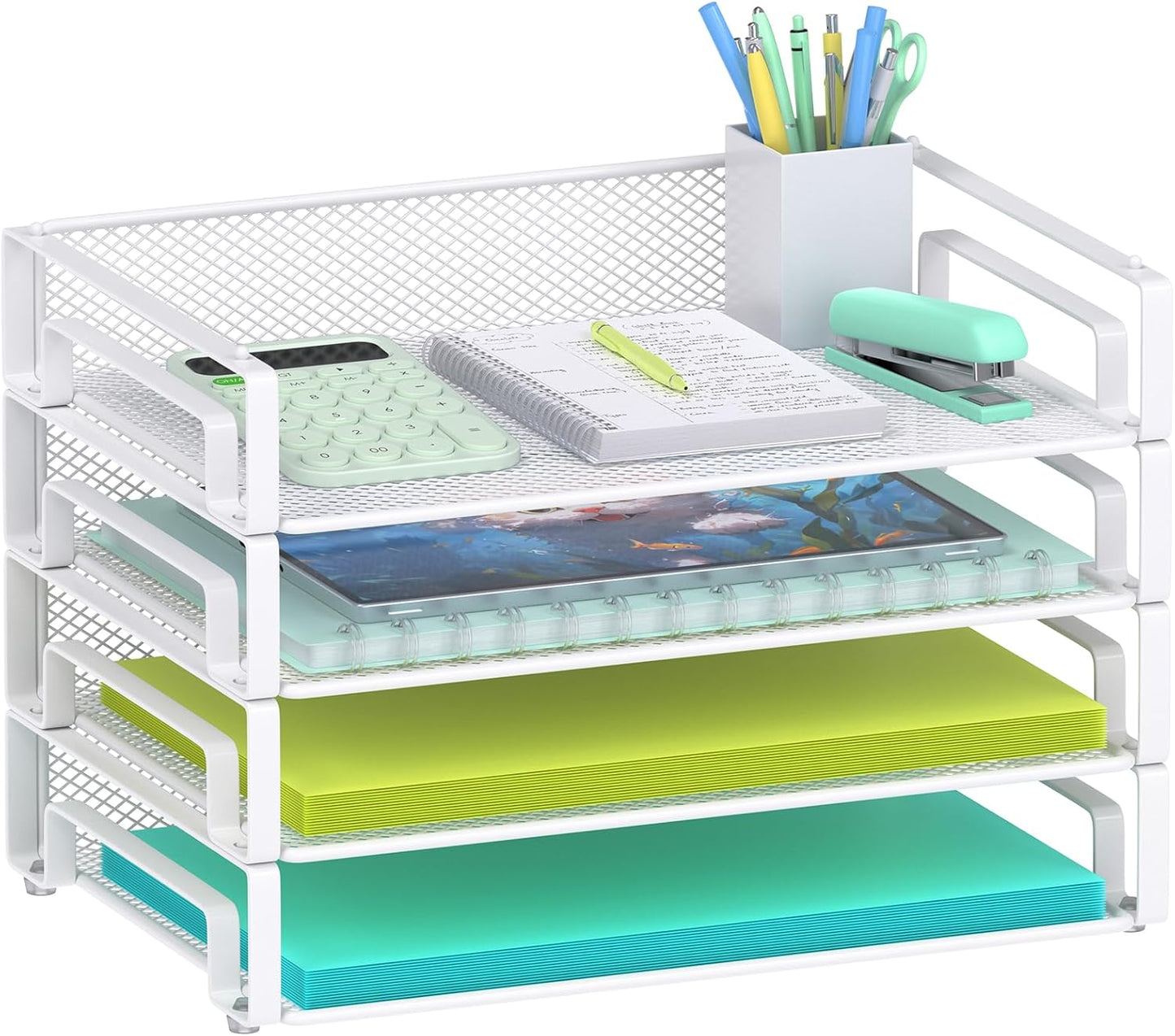 Samstar 4 Pack Stackable Letter Paper Tray, Desk File Organizer Paper Sorter for Letter/A4 Size Folders Documents, Mesh Made