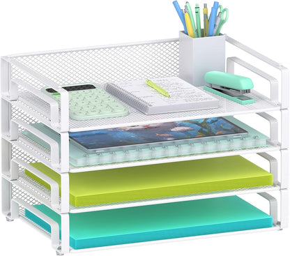 Samstar 4 Pack Stackable Letter Paper Tray, Desk File Organizer Paper Sorter for Letter/A4 Size Folders Documents, Mesh Made