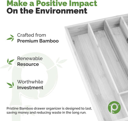 Pristine Bamboo Expandable Drawer Organizers for Kitchen - Extra Deep Non-Slip 17” x 14.6” (expands up to 25 inches) - Dark Wooden Silverware Divider (10 Compartments) – Organize Cooking Utensils