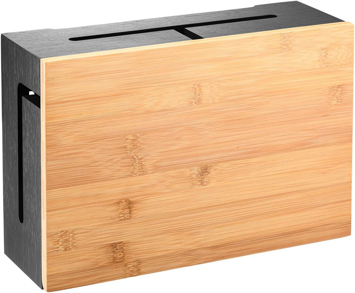 Bamboo Cable Management Box with Magnetic Lid - 12,6x7,8x4.3 in - Durable Cable Organizer to Hide Cords & Power Strip - Wall Mountable - Including Hardware - for Home, Office, Desk & More (White)
