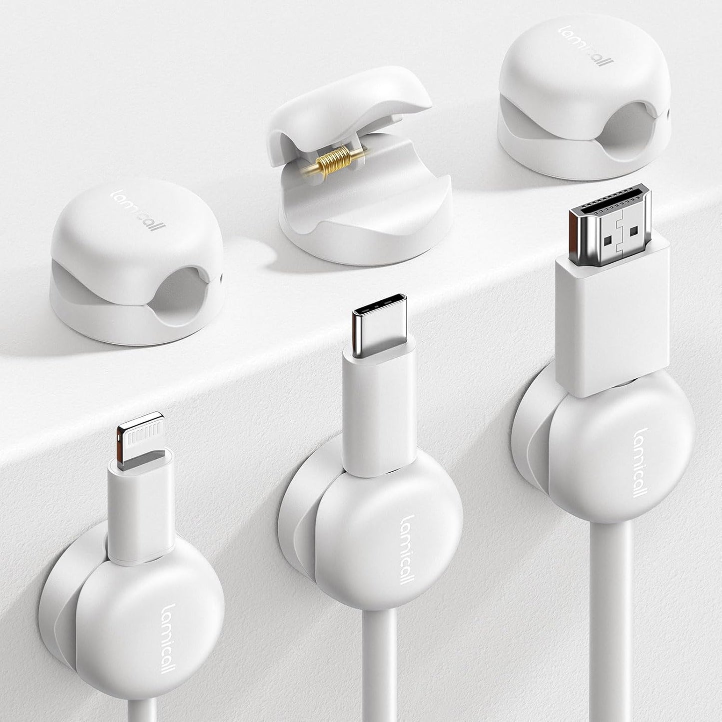 Lamicall Cable Clips, Spring Cord Organizer Holder - 6Pack Compact Desk Cable Management Clips, Nightstand Phone Charging Cord Holder, 8mm Slot Adhesive Wire Organizer, Desk Office Accessory