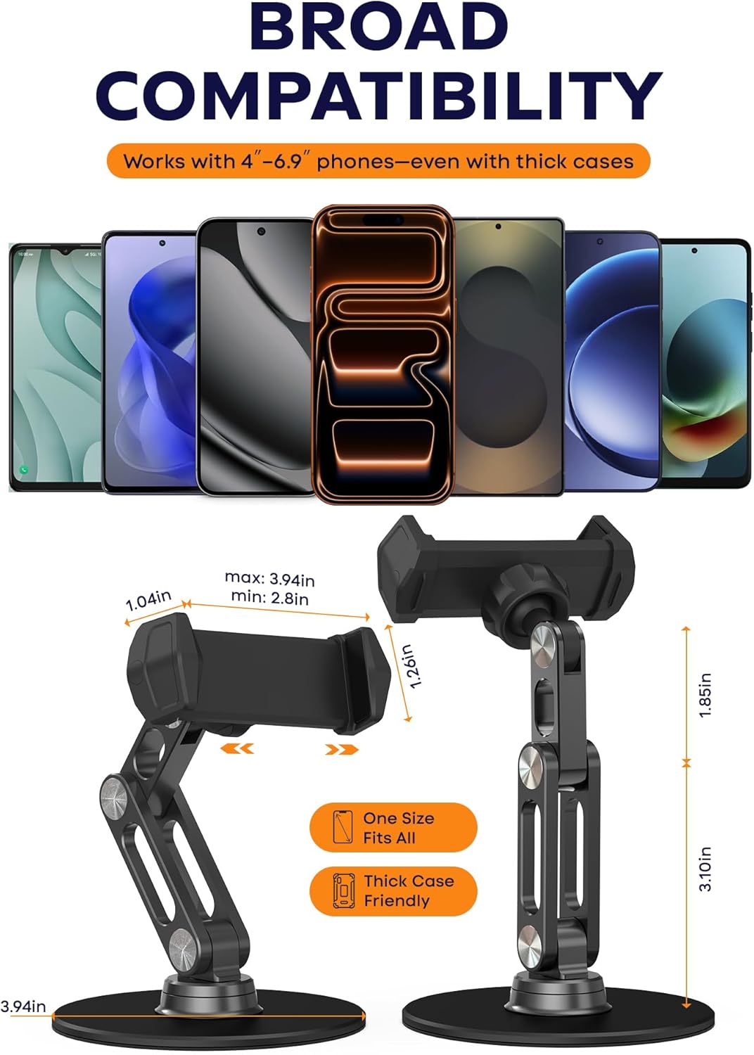Phone Stand for Desk - Adjustable Height and Angle Foldable Cell Phone Stand Holder, No Dropping Stable Triple-Clamp Holder, Adjustable Tightness, Compatible with iPhone Android Phones, White