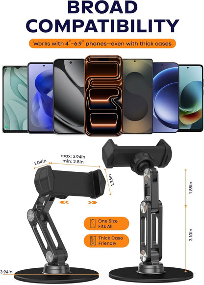 Phone Stand for Desk - Adjustable Height and Angle Foldable Cell Phone Stand Holder, No Dropping Stable Triple-Clamp Holder, Adjustable Tightness, Compatible with iPhone Android Phones, White