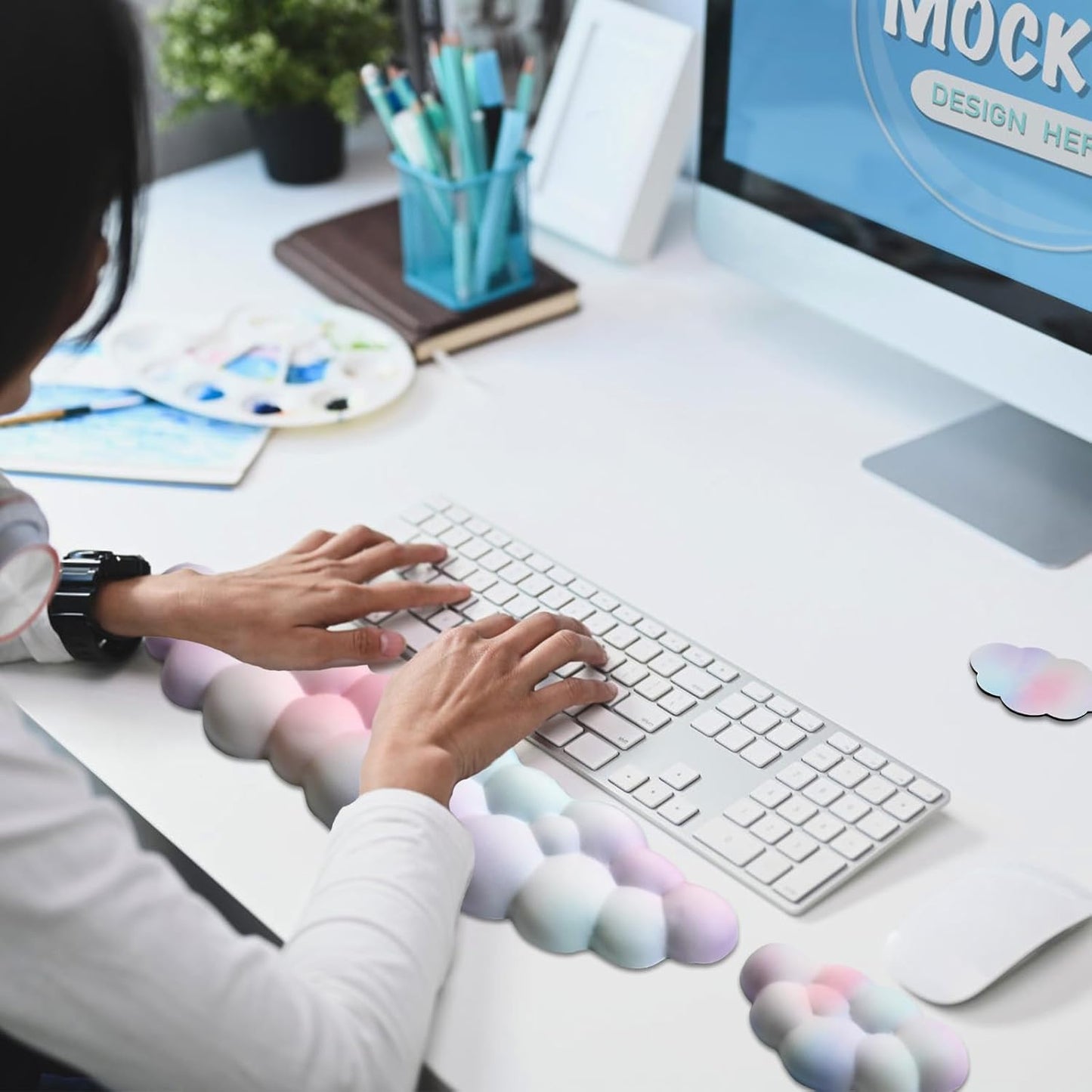 Ergonomic Keyboard Wrist Rest, PU Leather Memory Foam Cloud Wrist Rest for Computer Keyboard, Mouse Wrist Rest and Keyboard Pad for Gaming, Office, Computer, Laptop, Typing Pain Relief, Pastel Pink
