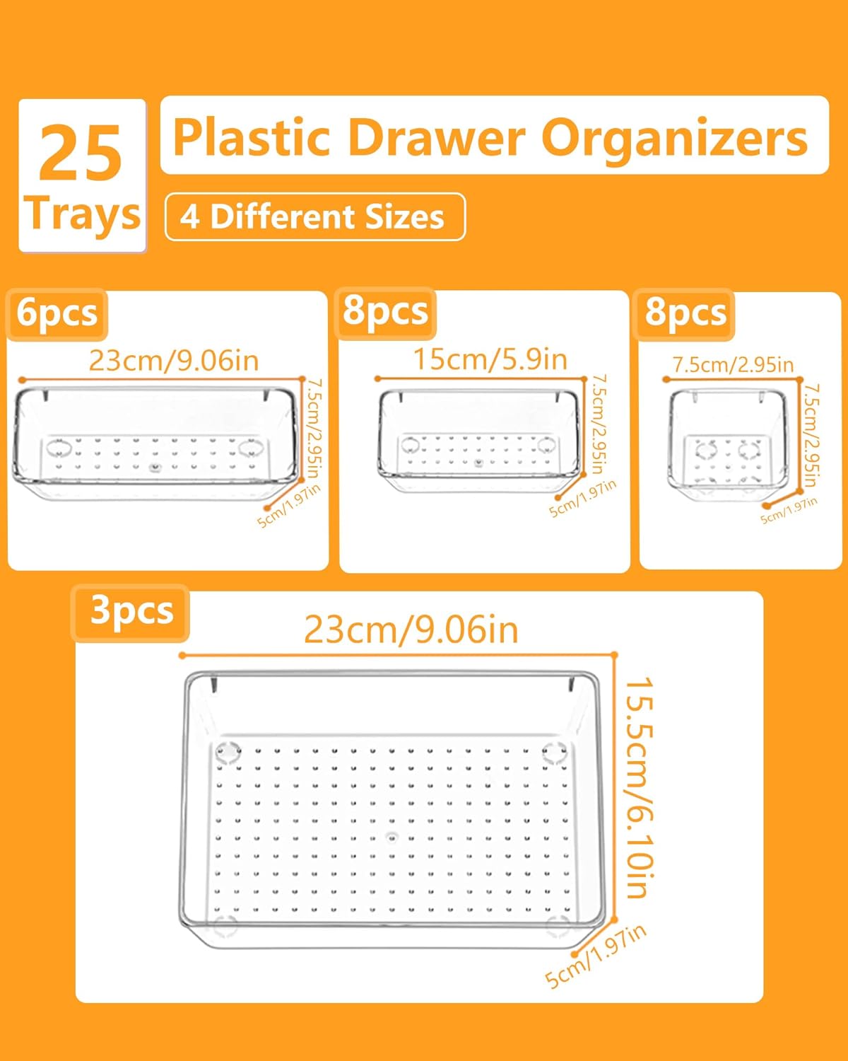 Clear Drawer Organizers Set of 13, 5-Size Vanity Organizer Trays, Stackable Bathroom & Desk Drawer Organizer for Makeup, Jewelry, Kitchen Utensils, Office Supplies and Small Gadgets Storage