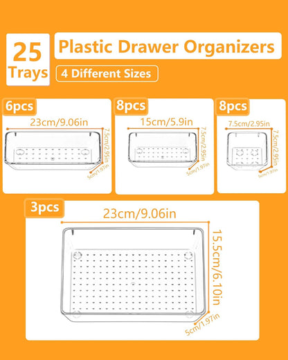 Clear Drawer Organizers Set of 13, 5-Size Vanity Organizer Trays, Stackable Bathroom & Desk Drawer Organizer for Makeup, Jewelry, Kitchen Utensils, Office Supplies and Small Gadgets Storage