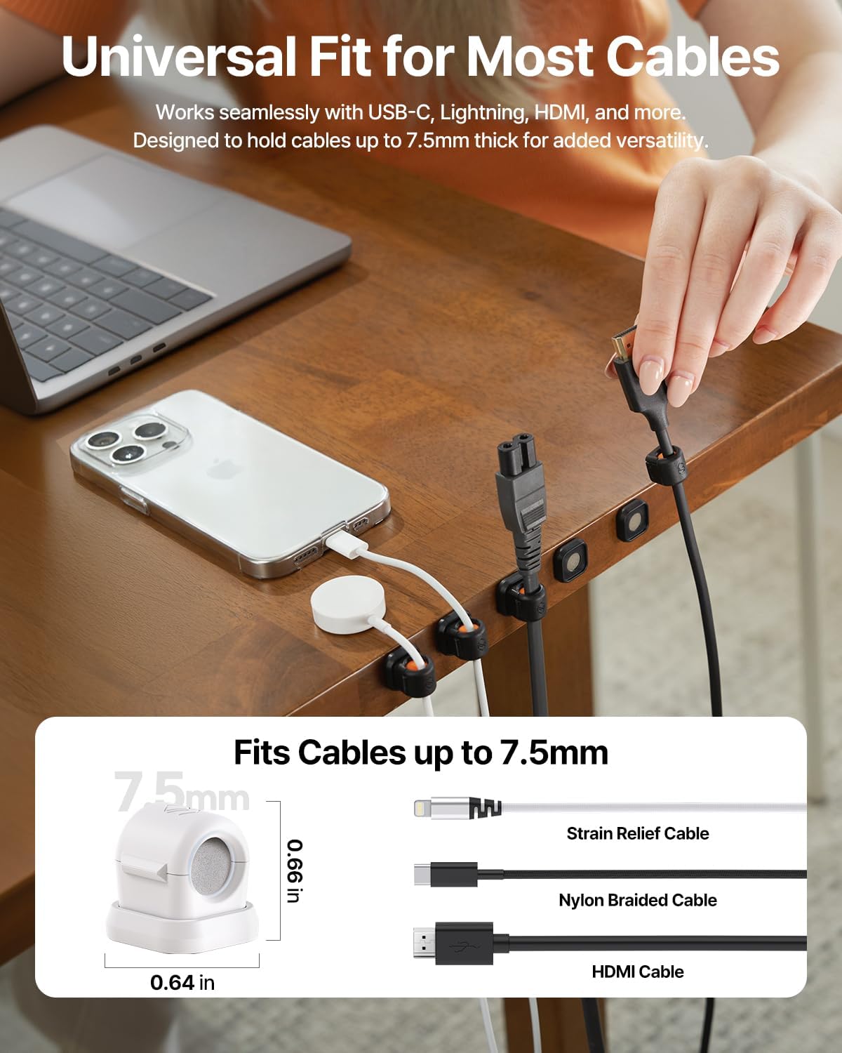6 Pack Sinjimoru Magnetic Cable Clips, Compact Size Cord Organizer & Cable Management for Desk, Nightstand & Car, Fits up to 7.5mm Cables, Black
