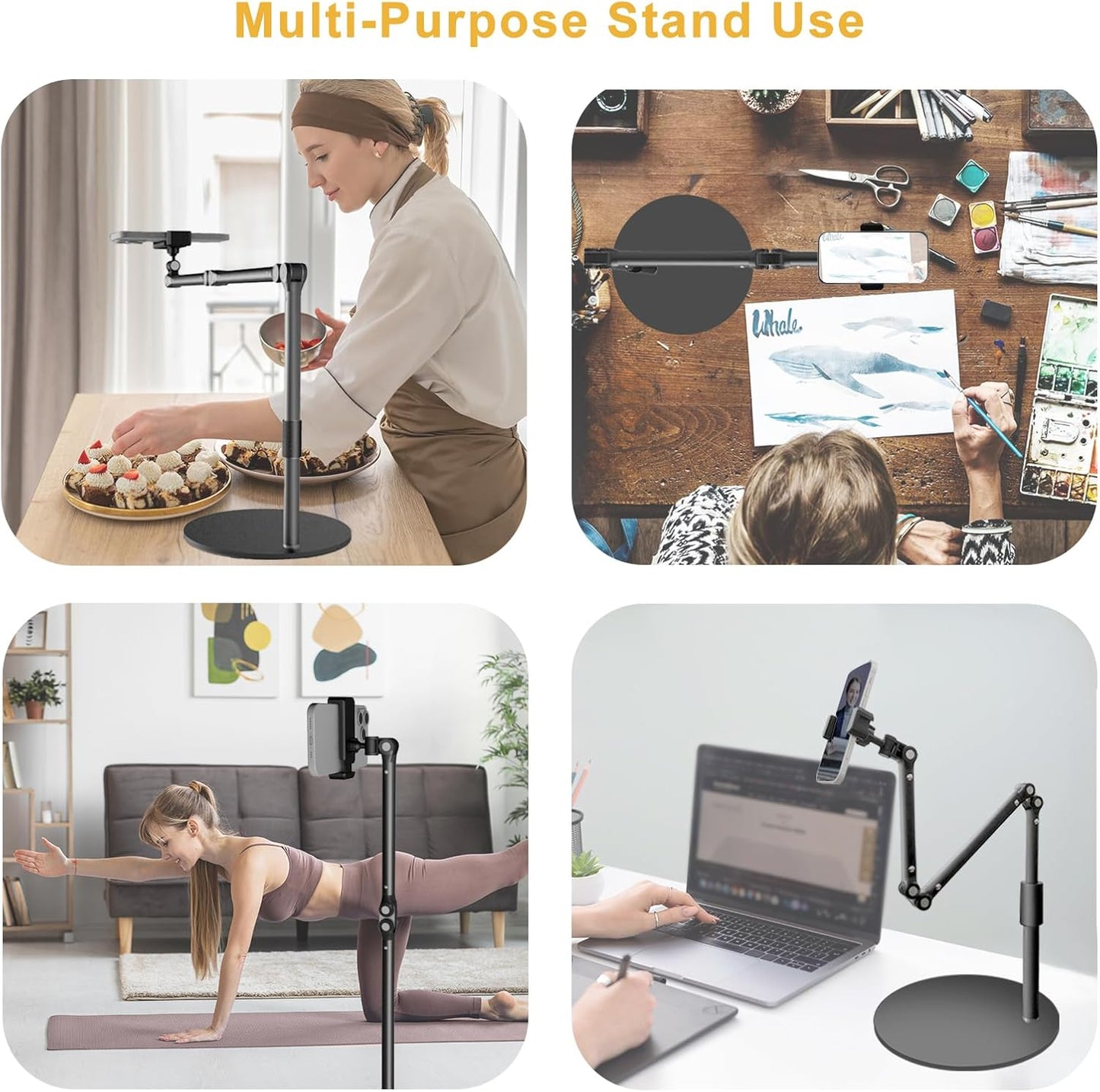 Overhead Phone Mount for Desk, 17" Long Arm Adjustable iPhone Holder, Heavy Duty Rotatable Stand for Video Recording, Live Streaming, Crafting, Cooking
