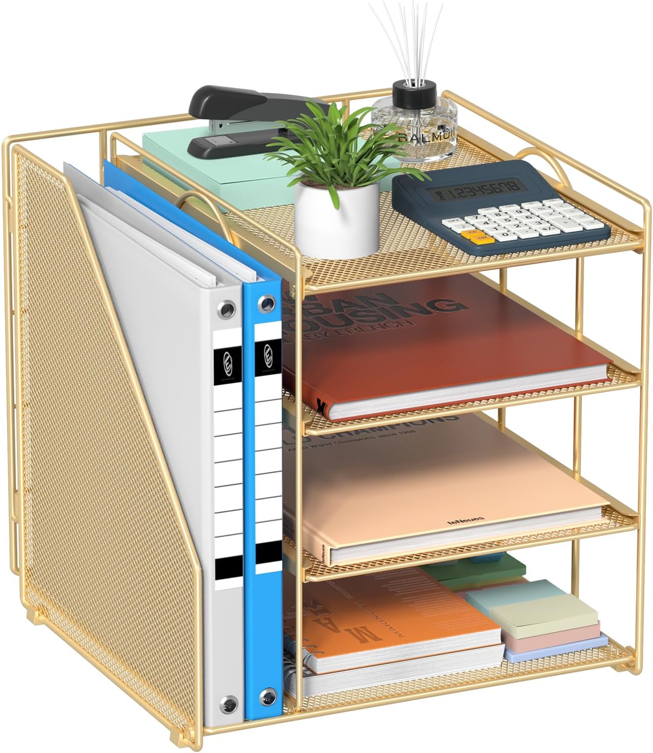 Desk Organizer, 4-Tier Metal File Organizer for Desk with Vertical File Holder, Office Accessories and Desktop Storage for Office Supplies (Black)