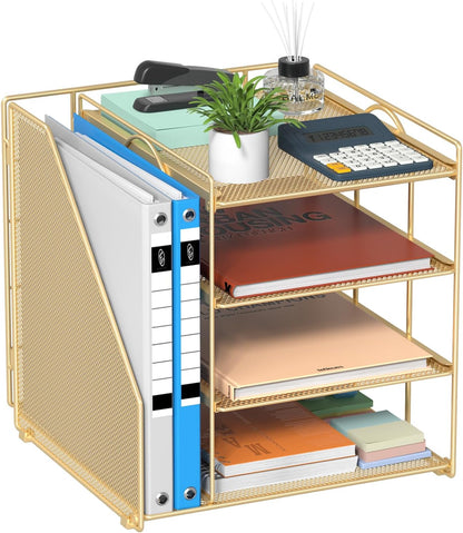Desk Organizer, 4-Tier Metal File Organizer for Desk with Vertical File Holder, Office Accessories and Desktop Storage for Office Supplies (Black)