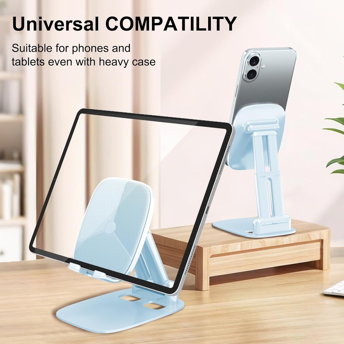 DEERLAMN Cell Phone Stand for Desk, Height Adjustable Cell Phone Holder Portable Desktop Stand, Travel Home Office Desk Accessories Compatible with iPhone 16/15/14/13/12/11 All Smartphone - Pink