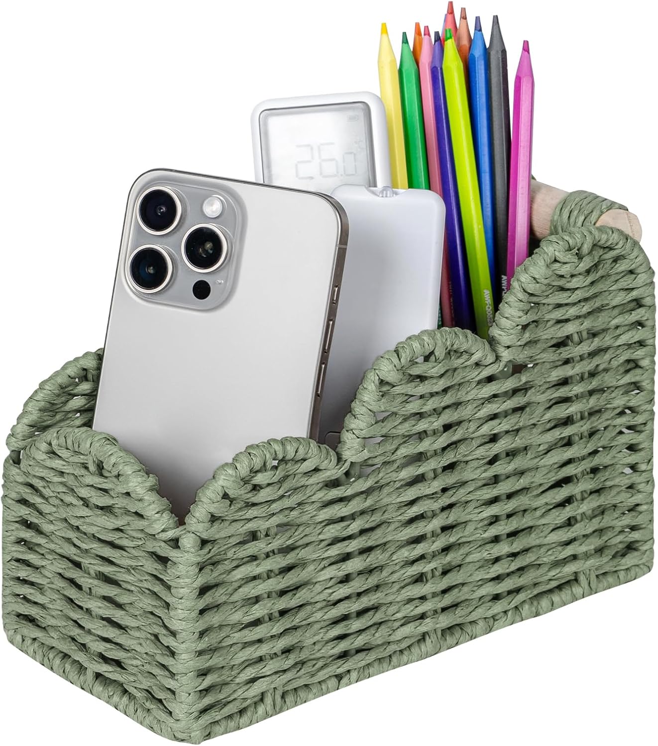 CubesLand Scalloped TV Remote Control Holder Bedside Candy Organizer, Office Desk Storage Organizer Accessories, Pen Pencil Cup, Makeup Brush Holder, Fits Farmhouse Rustic Decor, Earth Friendly, Green