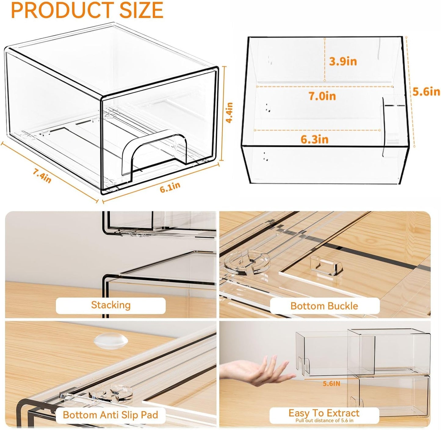 Yieach 4 Pack Clear Stackable Storage Drawers,4.4'' Tall Acrylic Drawer Containers for Organizing,Bathroom Organizers and Storage Bin Box,Plastic Makeup,Medicine Organizer Bins for Cabinet,Undersink