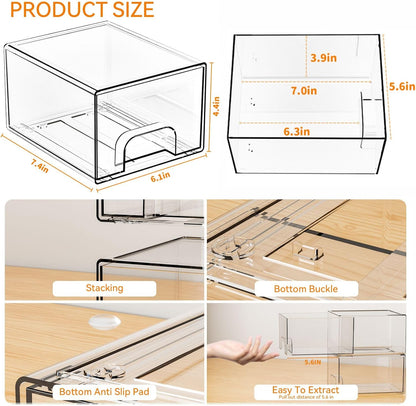 Yieach 4 Pack Clear Stackable Storage Drawers,4.4'' Tall Acrylic Drawer Containers for Organizing,Bathroom Organizers and Storage Bin Box,Plastic Makeup,Medicine Organizer Bins for Cabinet,Undersink