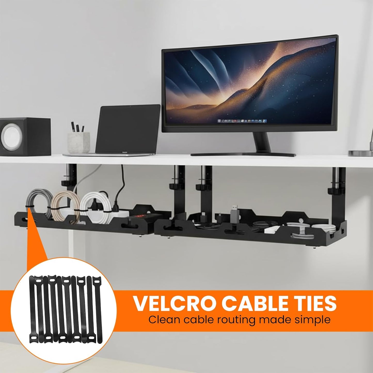 17'' Super Sturdy Cable Tray Under Desk Cord Organizer Standing Desk Cable Management System Large Power Strip Holder Cord Basket With Clamp for Wire Management Rack Office, Home, No Drill & Damage