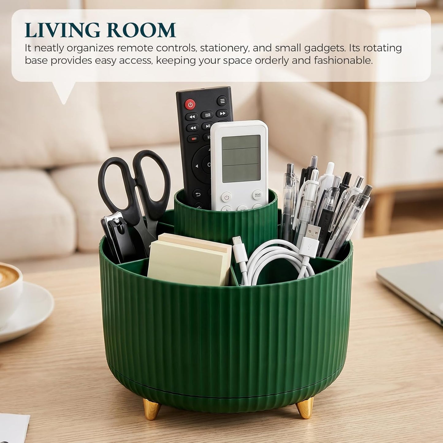 KONVINIT Pencil Pen Holder for Desk, 5 Slots 360 - Degree Rotating Desktop Organizer, Cute Desk Organizers and Accessories for School, Home, Office and Art Supply, Beige