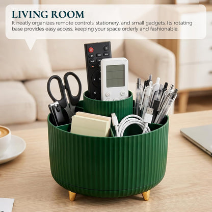 KONVINIT Pencil Pen Holder for Desk, 5 Slots 360 - Degree Rotating Desktop Organizer, Cute Desk Organizers and Accessories for School, Home, Office and Art Supply, Beige