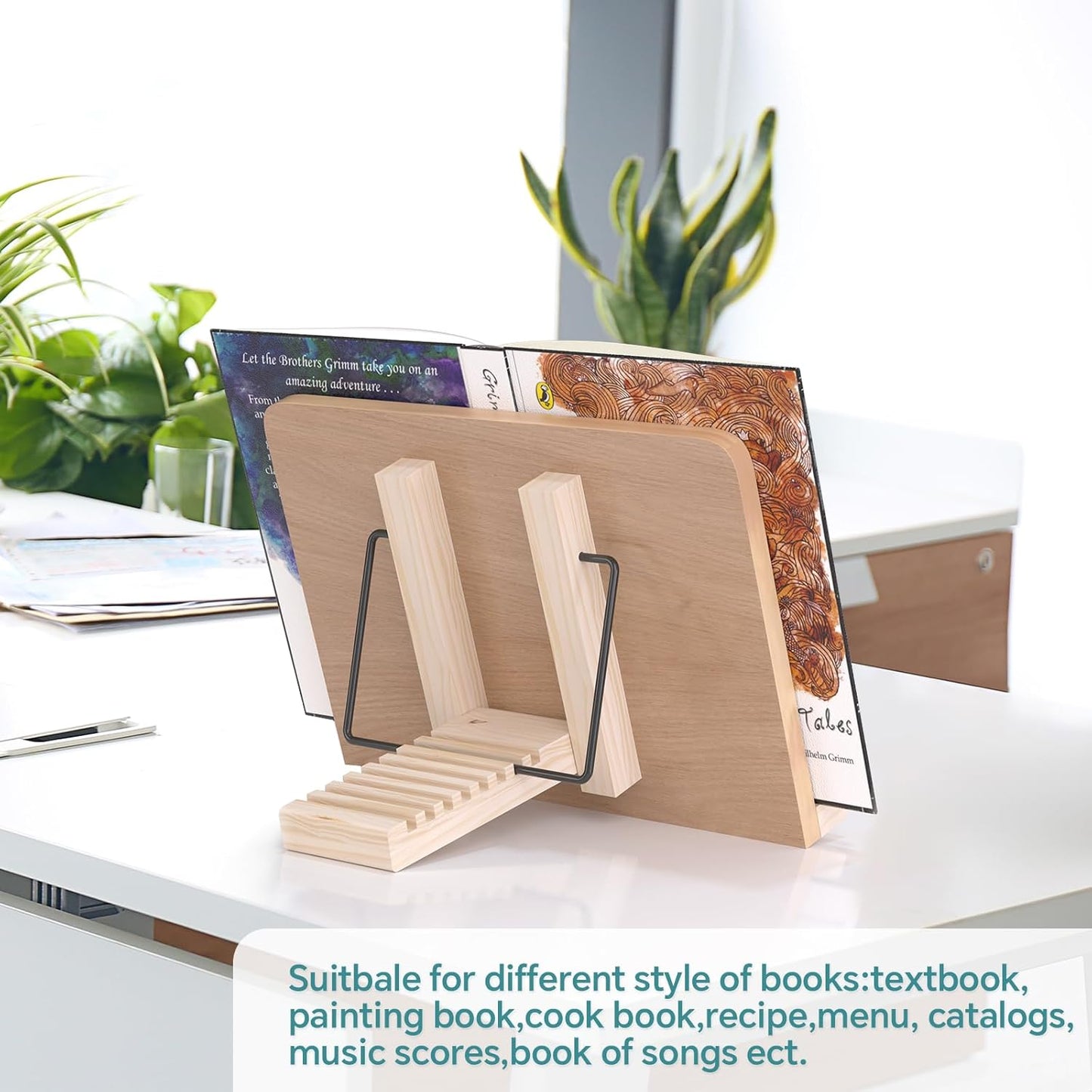 Book Stand for Reading,8 Adjustable Height Holder Tray with Page Clips for Textbook/Cookbook/Music Scores/Tablet/,Lightweight Reading Hands Free Desktop Document Book Mount,Bamboo Holder-Oak Brown