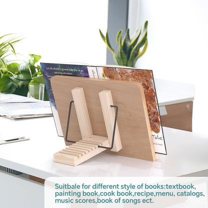Book Stand for Reading,8 Adjustable Height Holder Tray with Page Clips for Textbook/Cookbook/Music Scores/Tablet/,Lightweight Reading Hands Free Desktop Document Book Mount,Bamboo Holder-Oak Brown