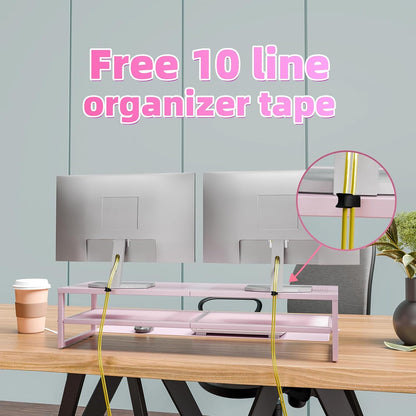 Simple Trending 2 Tier Metal Dual Monitor Stand Riser with 32"x10" Mouse Pad, Computer Desk Organizer for 2 Monitors, Laptop, Printer, TV, Black