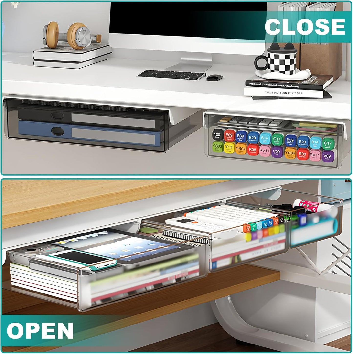 SVNNELP Under Desk Table Drawer Storage Organizer,3 Pack Large & Medium & Small Slide Out Desk Drawers - Hidden Desktop Organizer,Adhesive Storage Pencil Tray Under Table(BLACK/LMS)