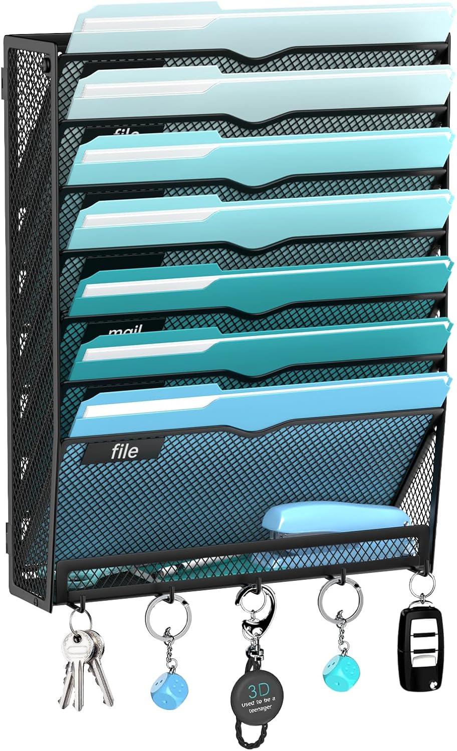 5 Tier Wall File Organizer - Hanging File Organizer with 5 Hooks, Mail Holder Wall Mounted for Papers, Folders, Magazines, Bills, Office&School Organization, Black