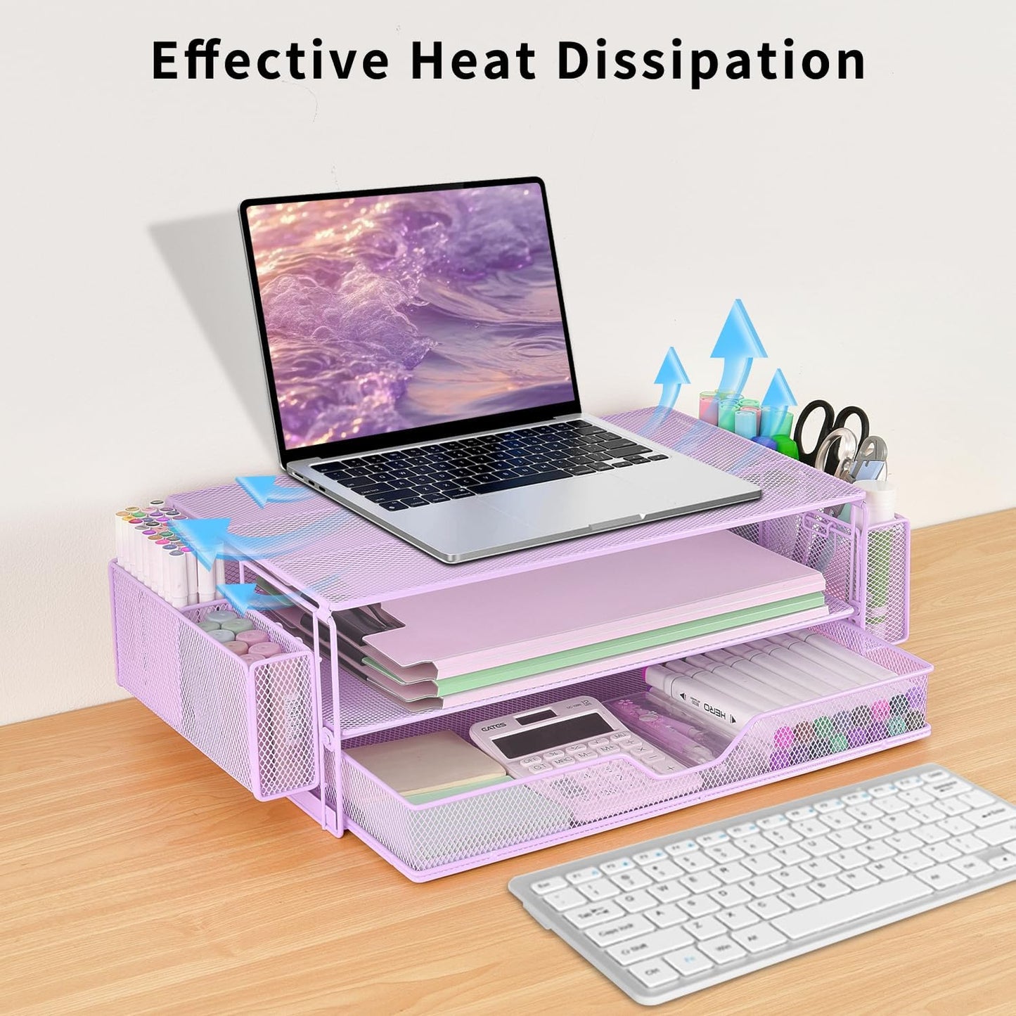 AUPSEN Wood Desk Organizers and Accessories, 2-Tier Computer Monitor Stand Riser with Drawer, Pen Storage & Phone Holder, Office Desk Accessories, Workspace Desktop Organization for Office Supplies（Brown）