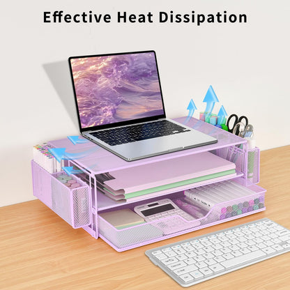 AUPSEN Wood Desk Organizers and Accessories, 2-Tier Computer Monitor Stand Riser with Drawer, Pen Storage & Phone Holder, Office Desk Accessories, Workspace Desktop Organization for Office Supplies（Brown）
