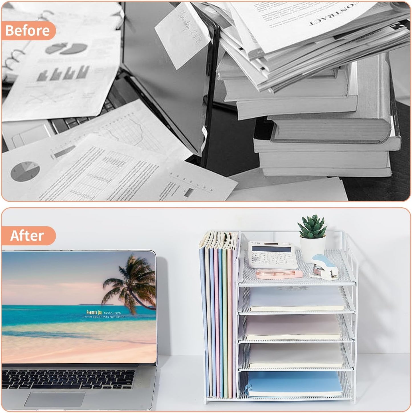 LEKETREE Desk Organizers and Accessories, 5-Tier Paper Letter Tray Organizer with File Holder, Desktop Organizer for Office Supplies (Black)