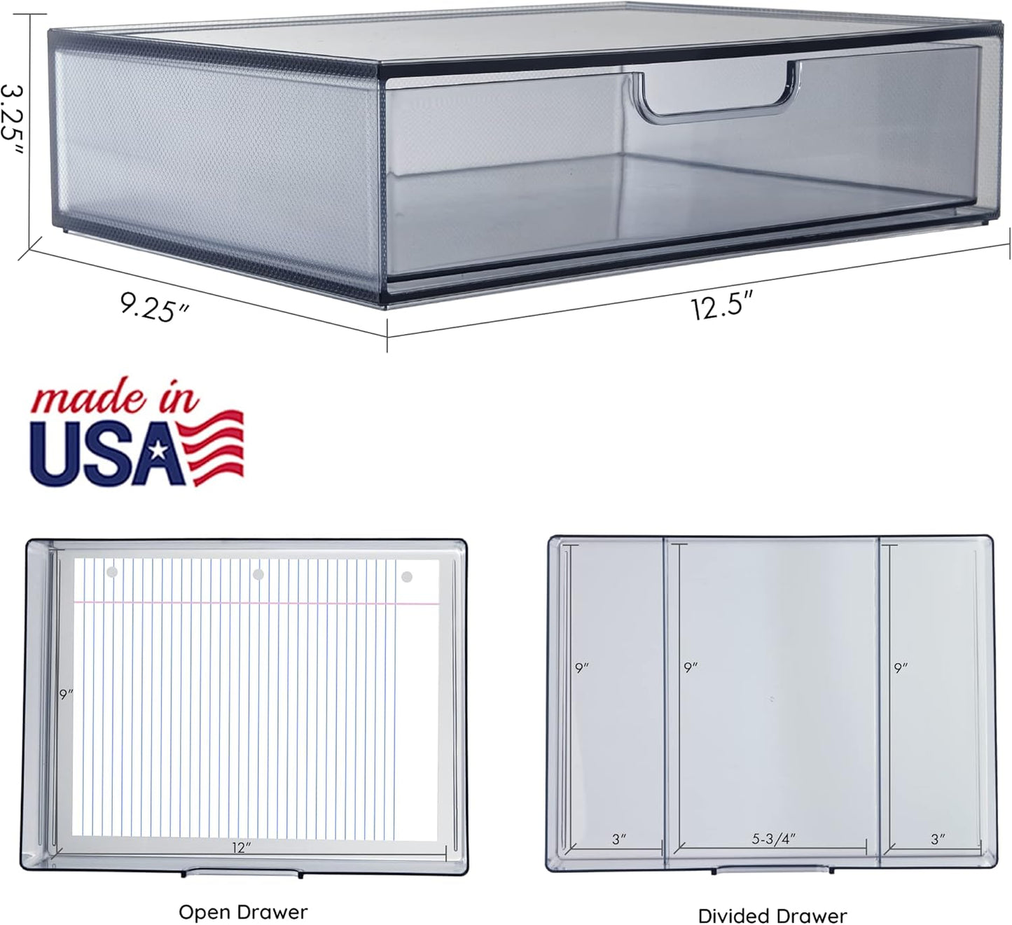 STORi STAX Plastic Stackable Organizer Drawers (Set of 2) Clear | 12.5" Wide | Set Includes Two Open Drawer | Organize Office Desk Accessories & Sort Paper | Made in USA