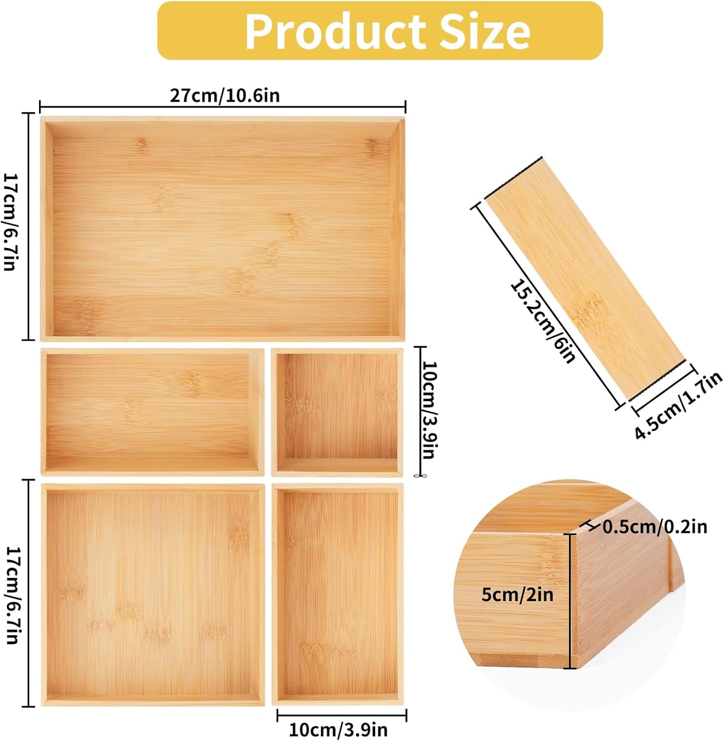 Bamboo Drawer Organizer with 2 Dividers, 5PCS Adjustable Junk Desk Organizer Trays with 7 Grid , Wood Stackable Storage Boxes Bins for Kitchen Flatware, Office Desktop, Bathroom Makeup, Jewelry