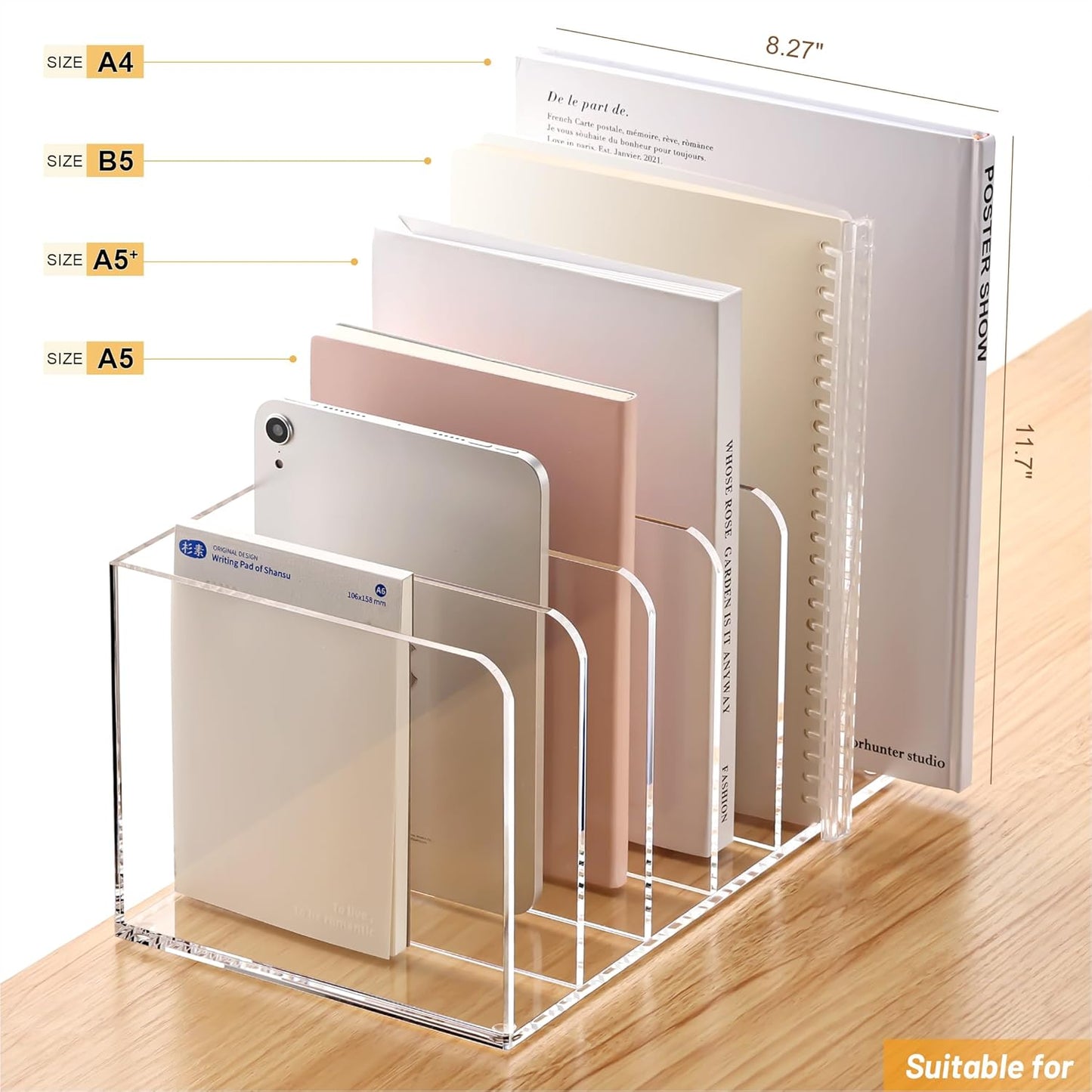 YUXUN Acrylic Magazine Holder,Clear Desk Organizer File Sorter for Notebook,Paper,Envelope,Magazine, Book Storage-Office/Home/Classroom Organization(4 Compartments,B5)
