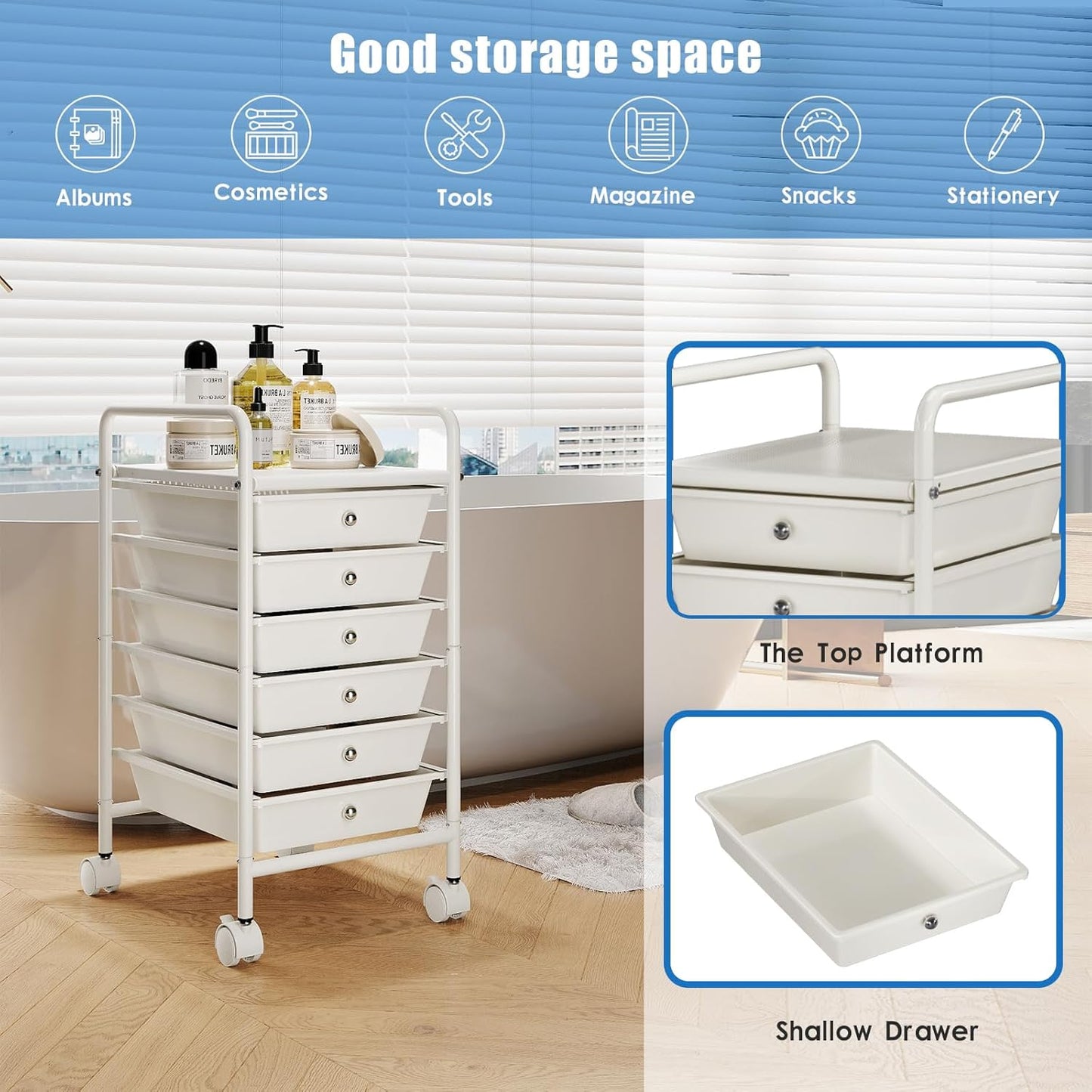 4-Tier Utility Cart with 4 Drawers, Rolling Utility Cart with 2 Lockable Caster Wheels, Multipurpose Mobile Rolling Drawer Cart for Office Bathroom Kitchen, Ivory White