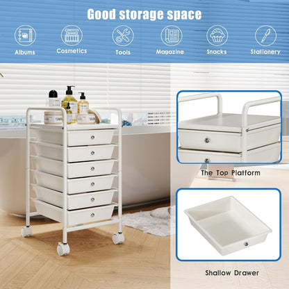 4-Tier Utility Cart with 4 Drawers, Rolling Utility Cart with 2 Lockable Caster Wheels, Multipurpose Mobile Rolling Drawer Cart for Office Bathroom Kitchen, Ivory White