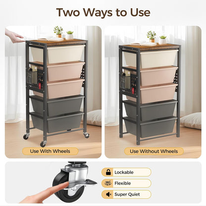 Rolling Cart with 3 Drawers, Plastic Drawer Storage Carts with Lockable Wheels & Wooden Tabletop, Metal Utility Cart Organizer, Office Bedroom Classroom Craft Organization and Storage, Bright White