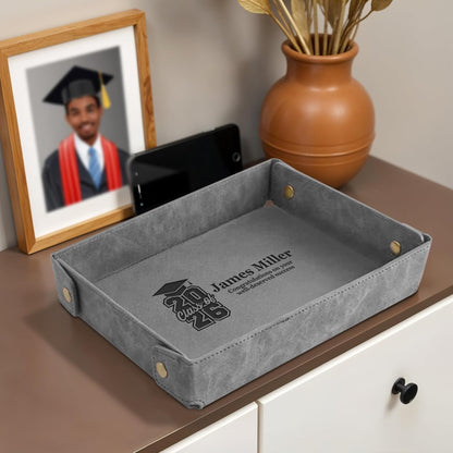 Engraved Leather Valet Tray for Men – Personalized Catchall with Custom Name for Desk, Dresser, Nightstand – Men's Organizer Tray for Keys, Wallet, Jewelry, Personalized Gift for Home, Office - Coffee