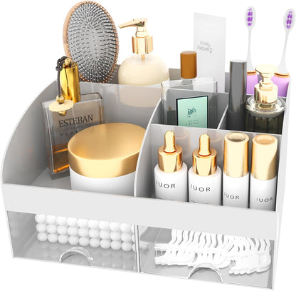 Makeup Organizer with Drawers, Cosmetic Storage for Dresser Vanity and Bathroom Countertop, Beauty Holder for Lipstick Brush, Skincare Organizer for Vanity, Cosmetic Display Case (White)
