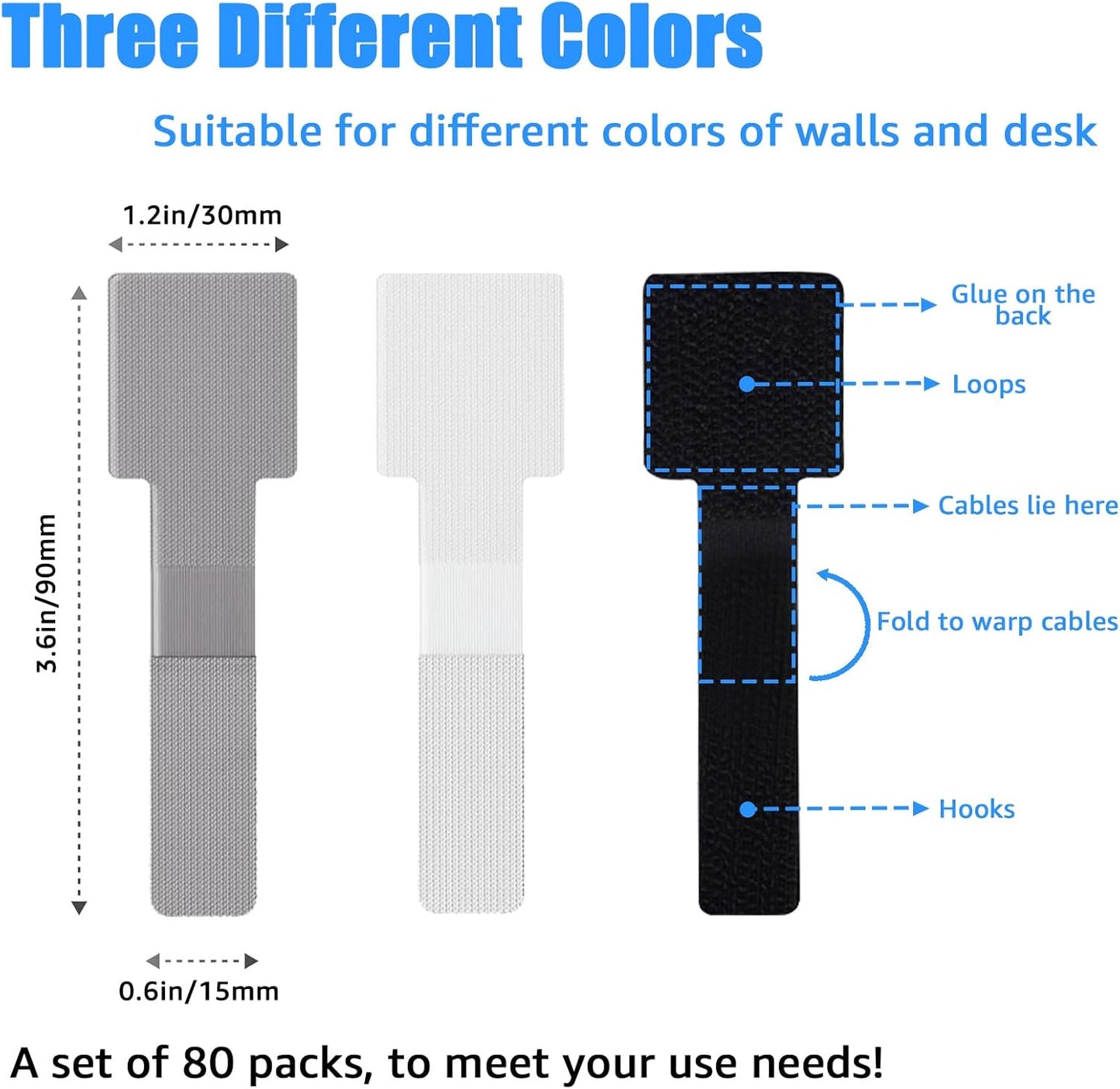 80PCS Hook and Loop Cable Ties, Under Desk Cable Management, Adhesive Cable Straps, Cord Management Hider Idea, Cord Organizer for Desk, Computer Accessories, Home Office Organization, Black+White