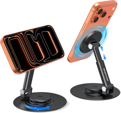 OMOTON MS05 360°Rotating Base Magnetic Phone Stand for MagSafe, [Height Adjustable] Foldable Cell Phone Stand for Desk, Office Desk Accessories for iPhone 17/16/15/14 Pro Max Air, Black