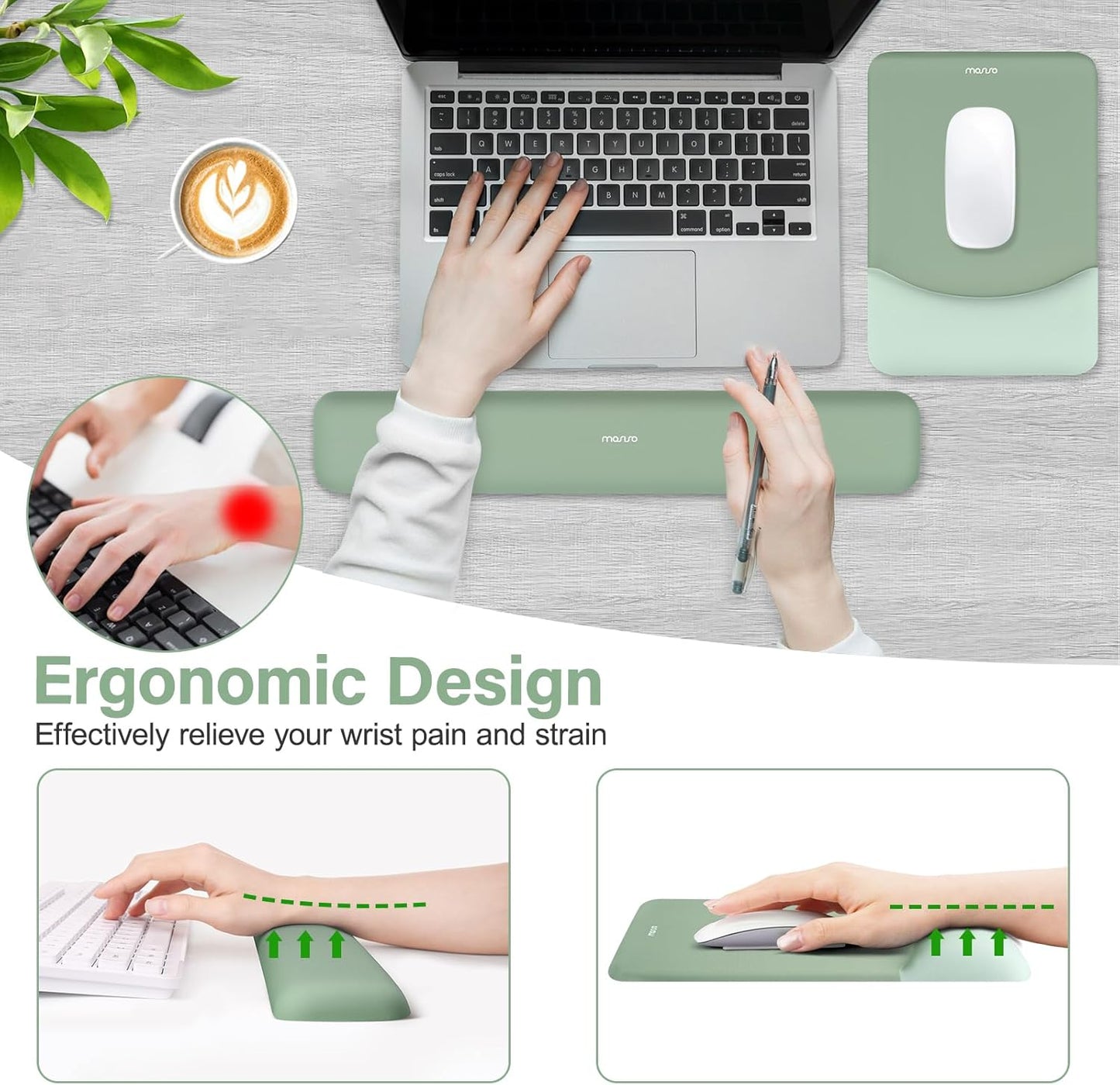MOSISO Wrist Rest Support for Mouse Pad&Keyboard Set, Rectangular Ergonomic Mousepad Non-Slip Base Home/Office Pain Relief&Easy Typing Pad with Neoprene Cloth&Raised Silicone Lining, Green