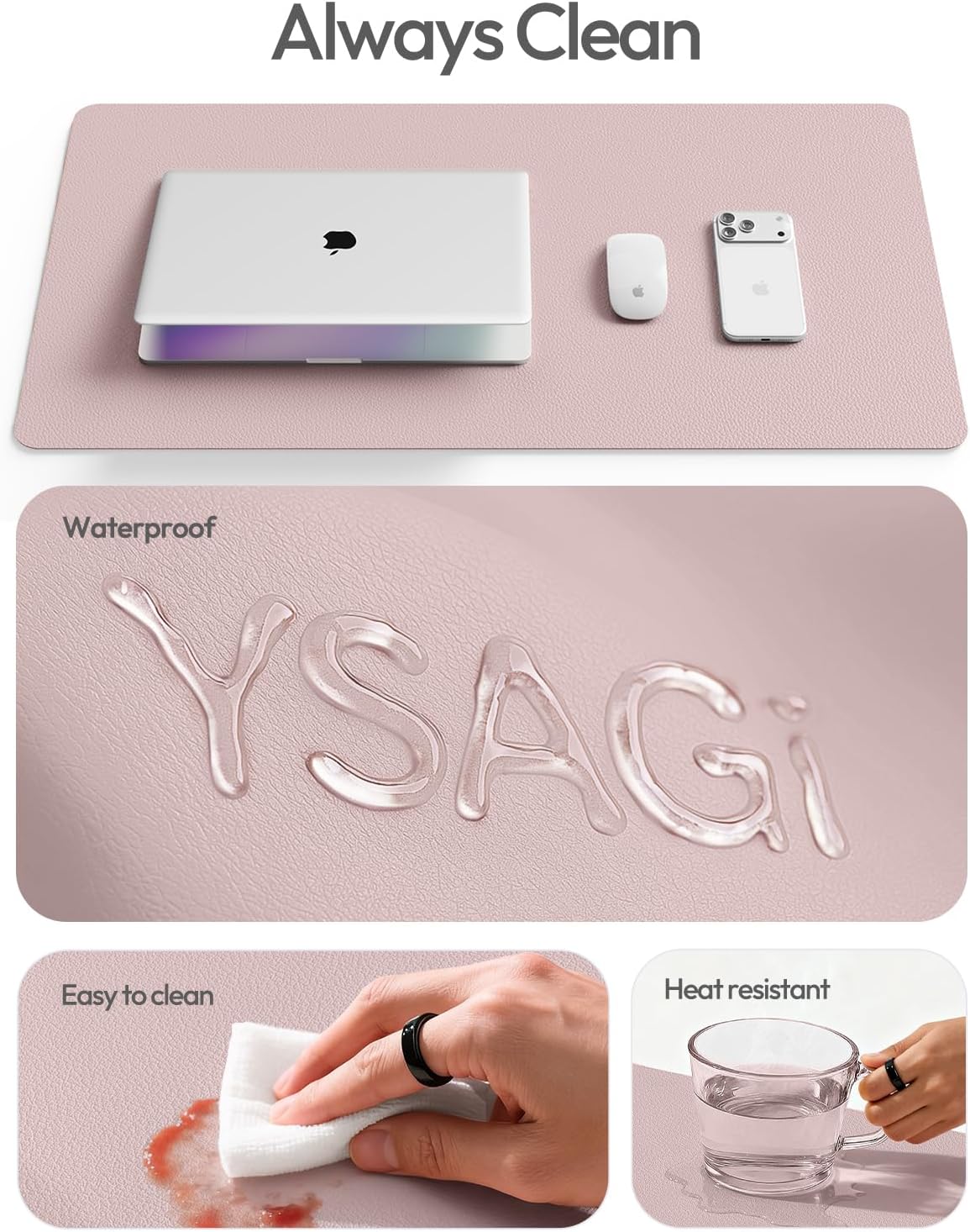 YSAGi Leather Desk Protector, Office Mat, Large Mouse Mat, Non-Slip PU Leather Blotter, Laptop Pad, Waterproof Writing Pad for Office and Home (Light Pink, 23.6" x 13.8") - Colors B